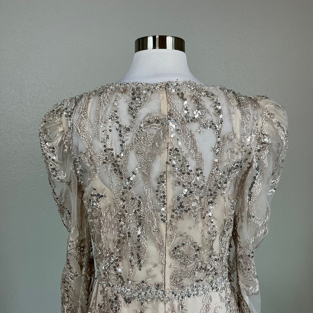Mac Duggal 20349 Champagne Taupe Evening Gown Sequined Long Sleeve Dress Size 8 - Picture 9 of 12